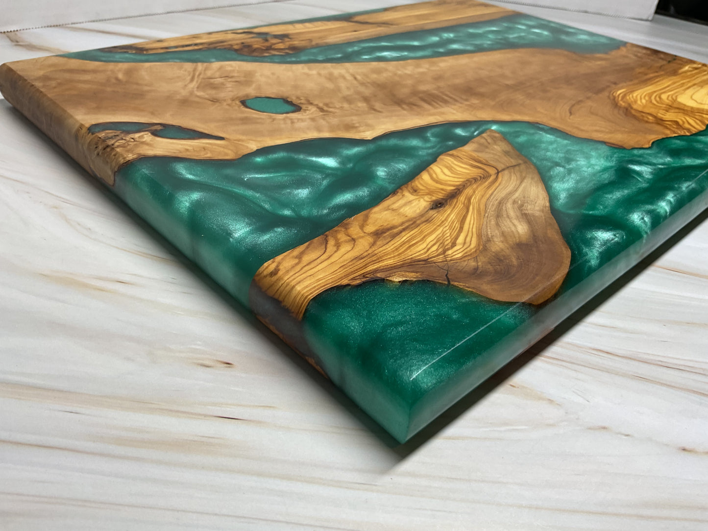 One of a Kind Charcuterie Board- Olive wood with River Turquoise Resin