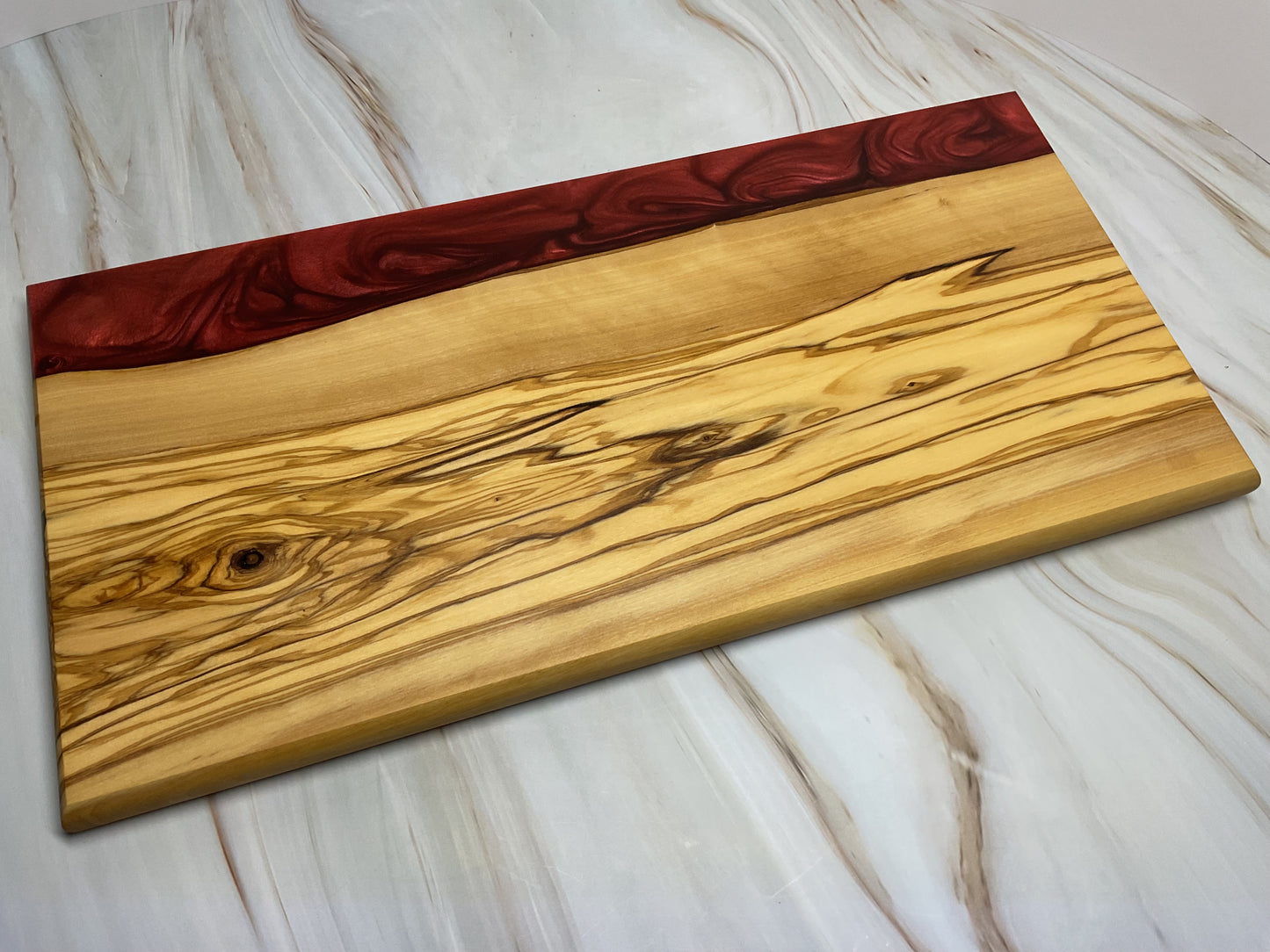 Stunning Charcuterie Board- Olive Wood with Candy Apple Red and Americana Red Resin