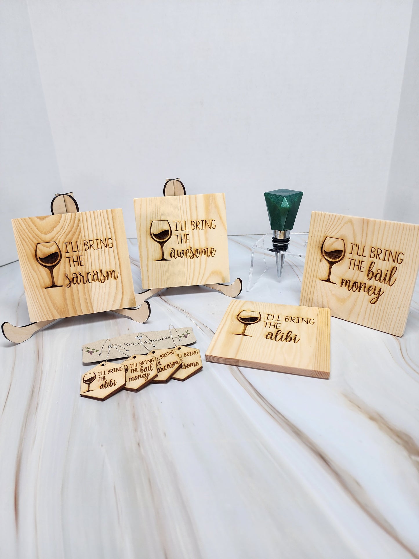 Entertaining coasters, wine charms, and wine bottle topper - SET 1 (Square Coasters)