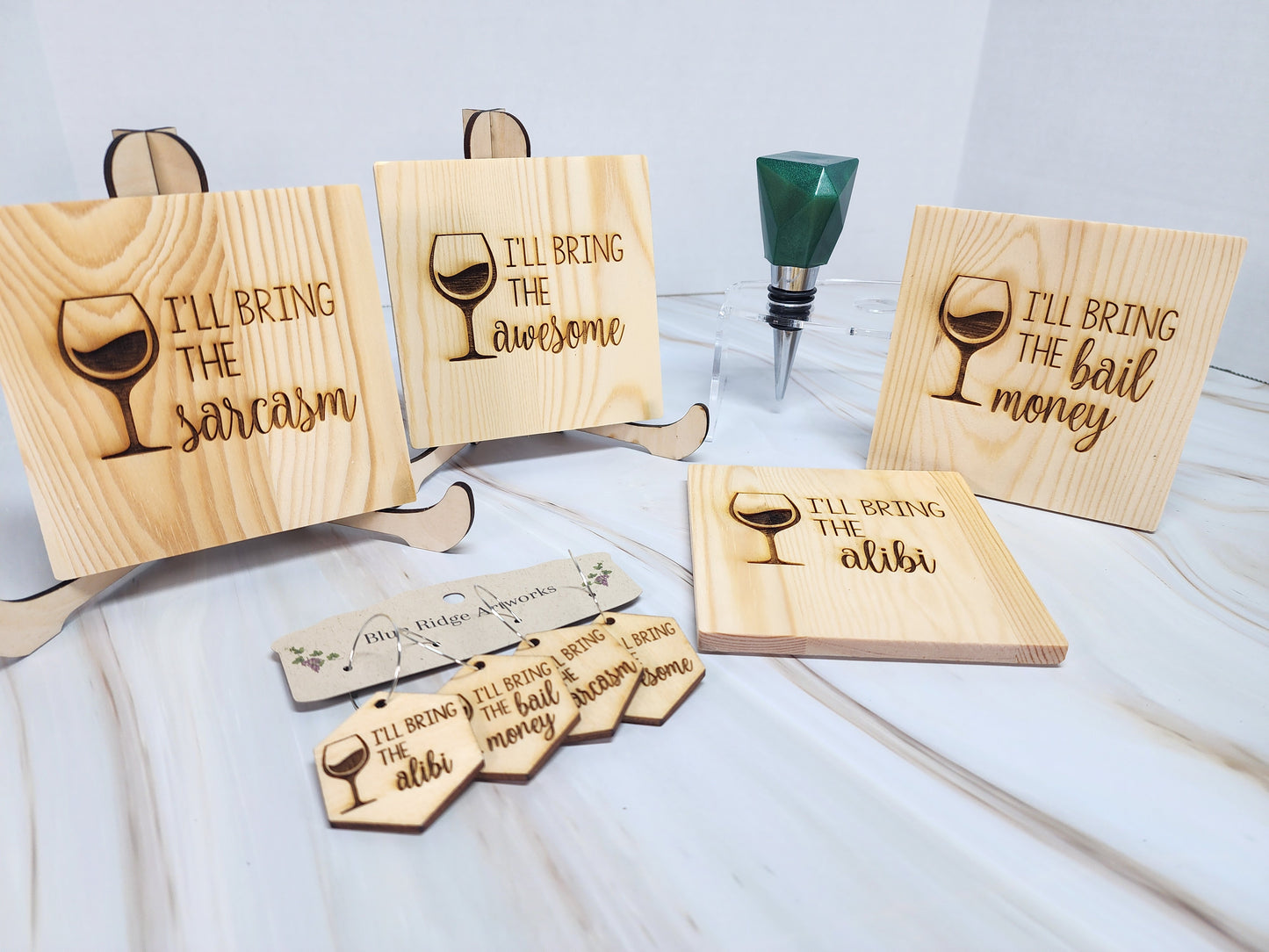 Entertaining coasters, wine charms, and wine bottle topper - SET 1 (Square Coasters)