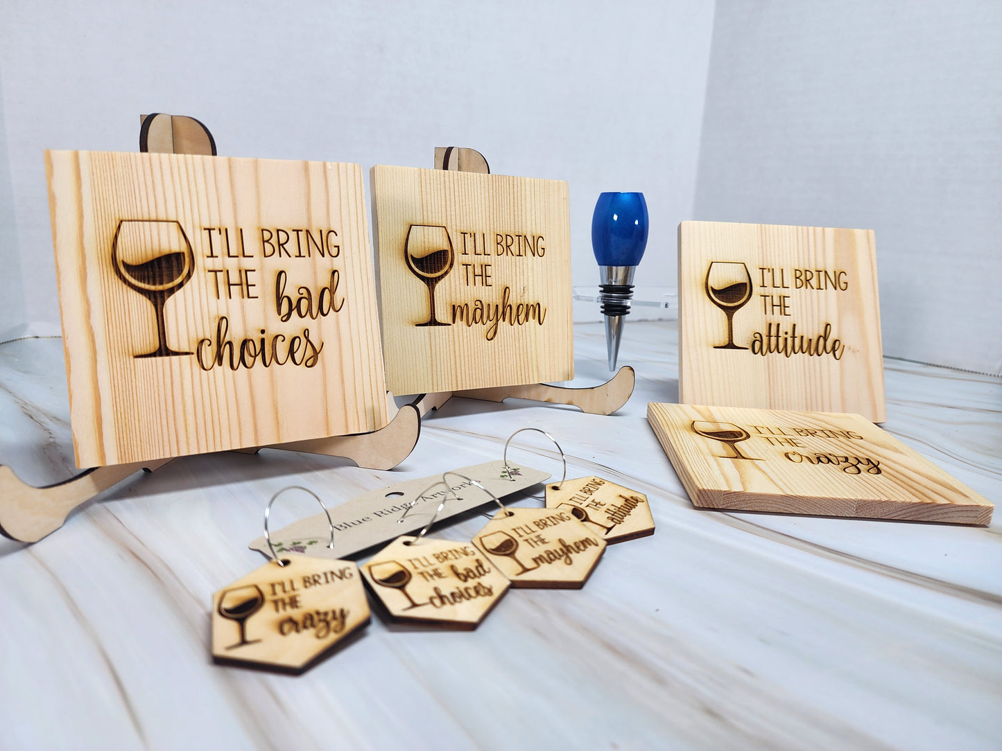 Entertaining coasters, wine charms, and wine bottle topper - SET 2 (Square Coasters)