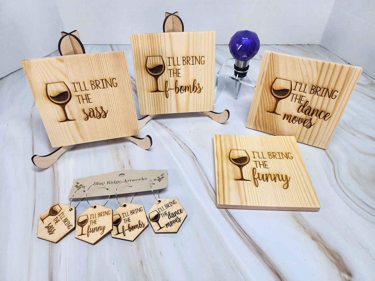 Entertaining coasters, wine charms, and wine bottle topper - SET 3 (Square Coasters)