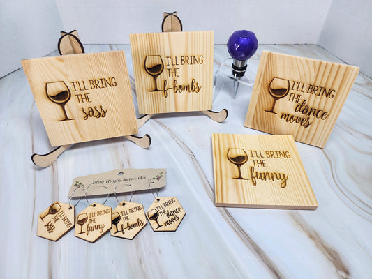 Entertaining coasters, wine charms, and wine bottle topper - SET 3 (Square Coasters)