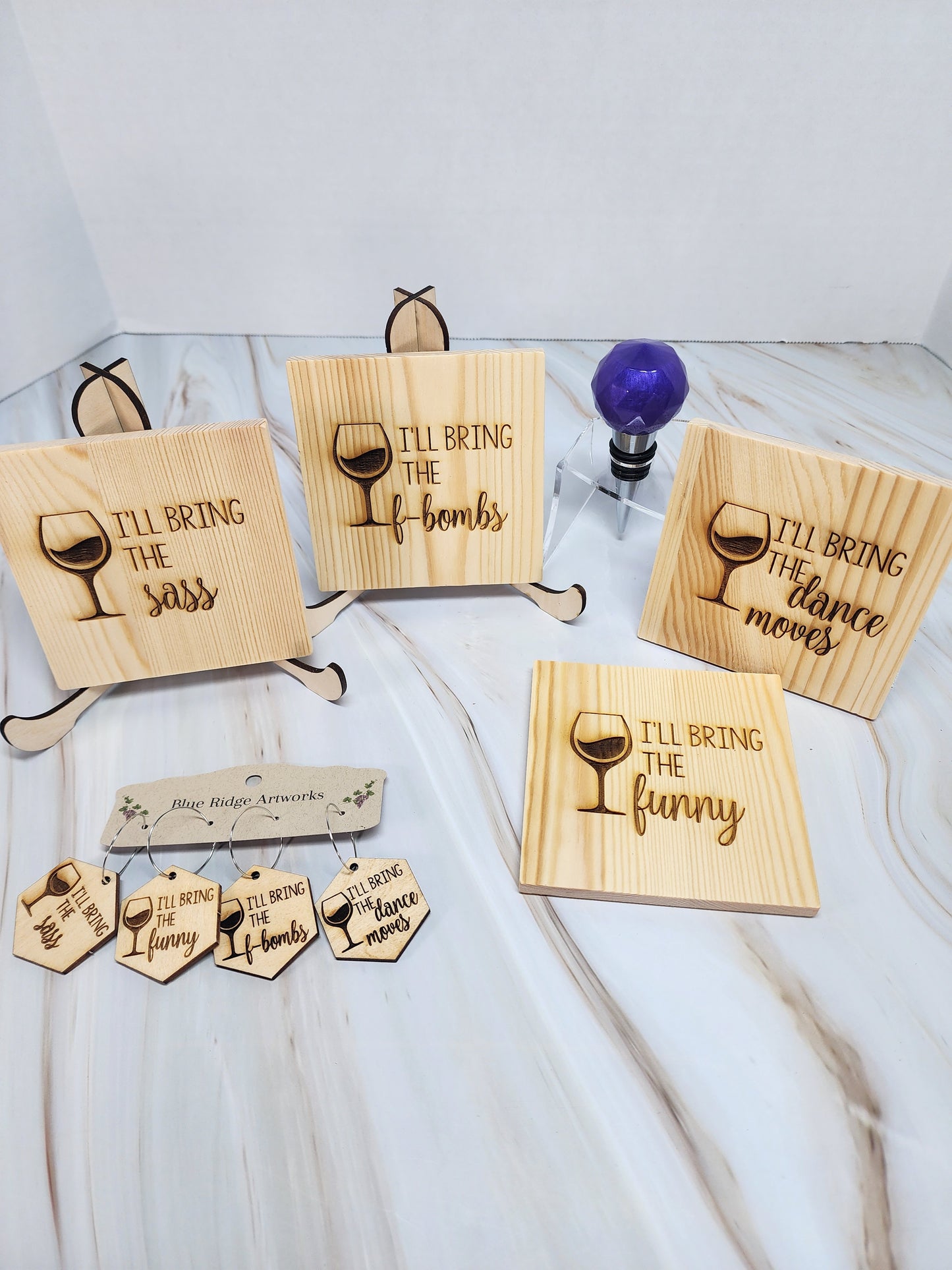 Entertaining coasters, wine charms, and wine bottle topper - SET 3 (Square Coasters)