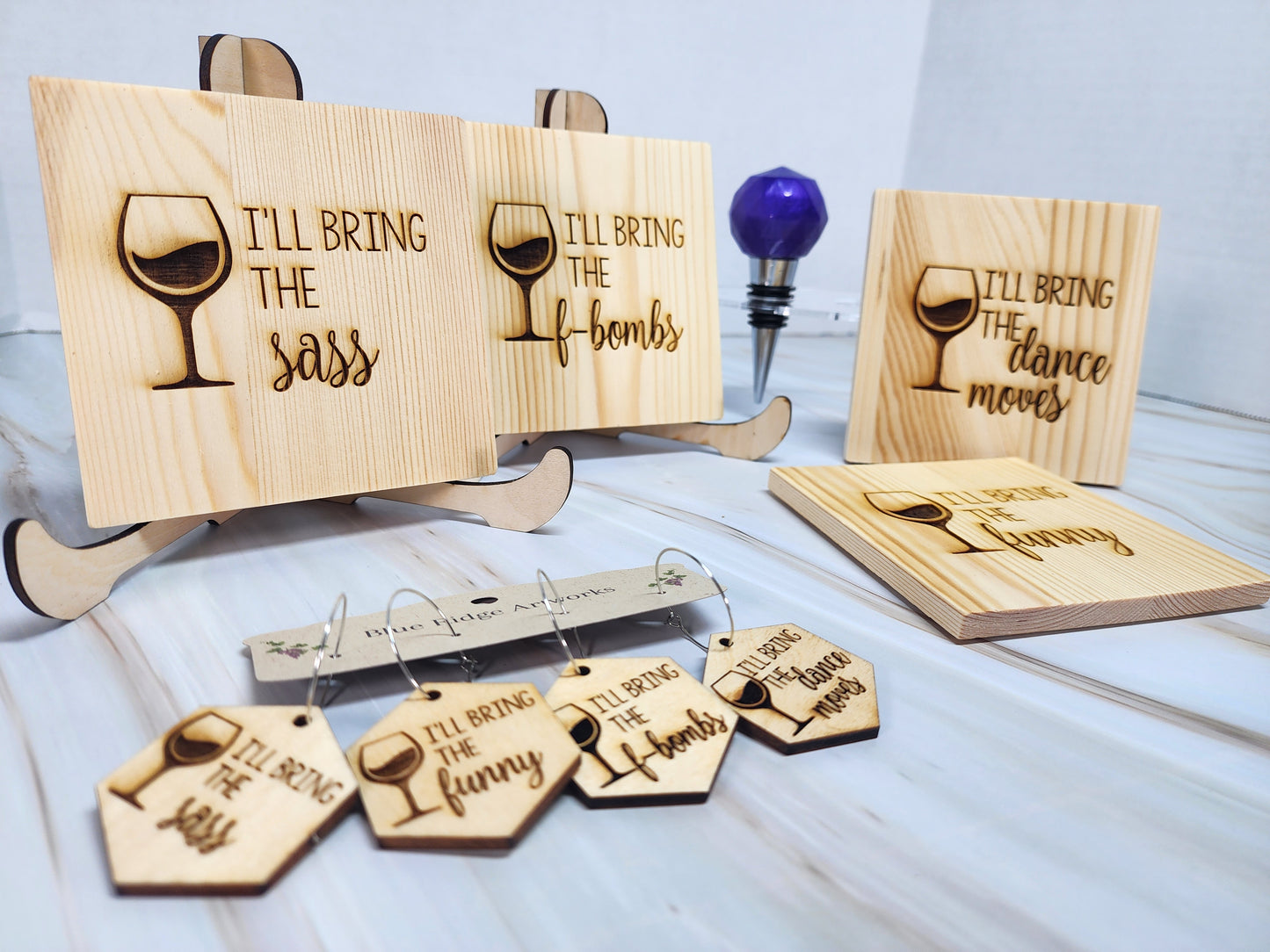 Entertaining coasters, wine charms, and wine bottle topper - SET 3 (Square Coasters)