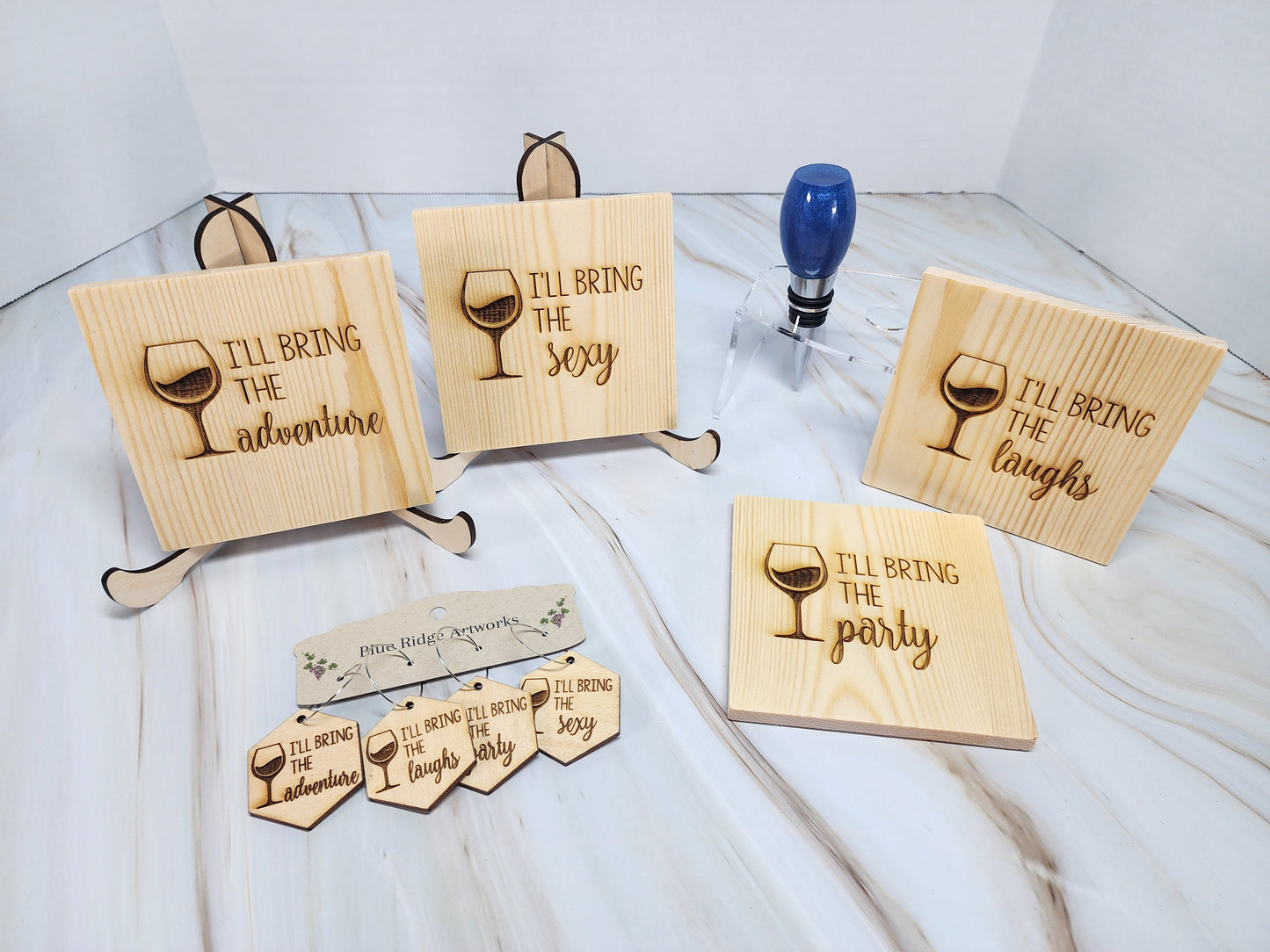 Entertaining coasters, wine charms, and wine bottle topper - SET 4 (Square Coasters)