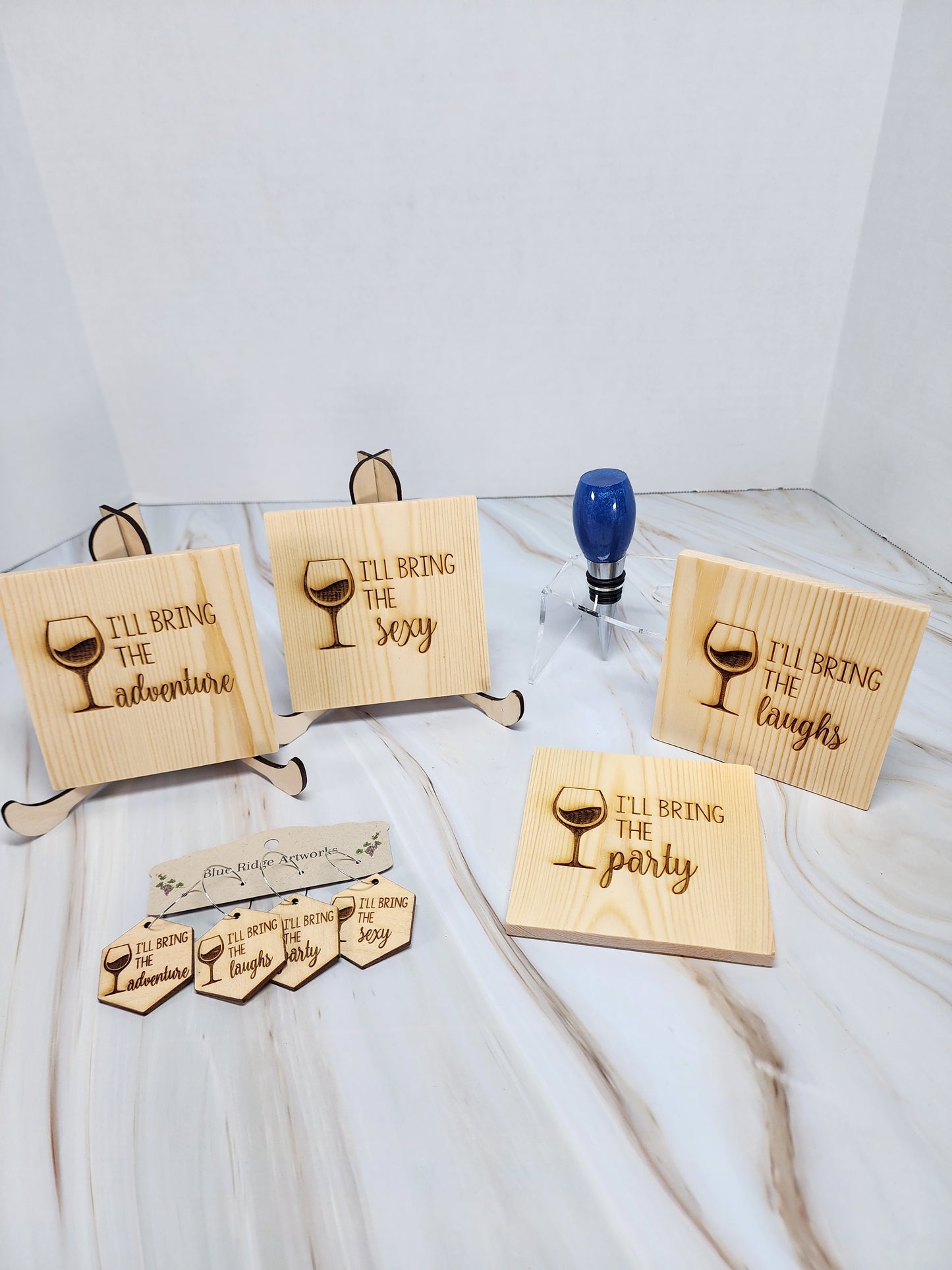 Entertaining coasters, wine charms, and wine bottle topper - SET 4 (Square Coasters)