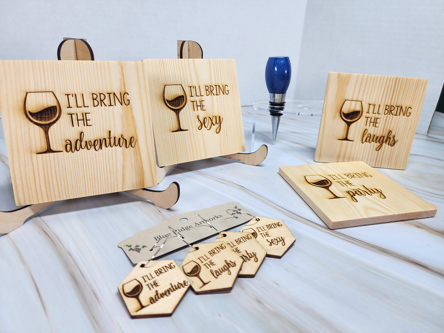 Entertaining coasters, wine charms, and wine bottle topper - SET 4 (Square Coasters)