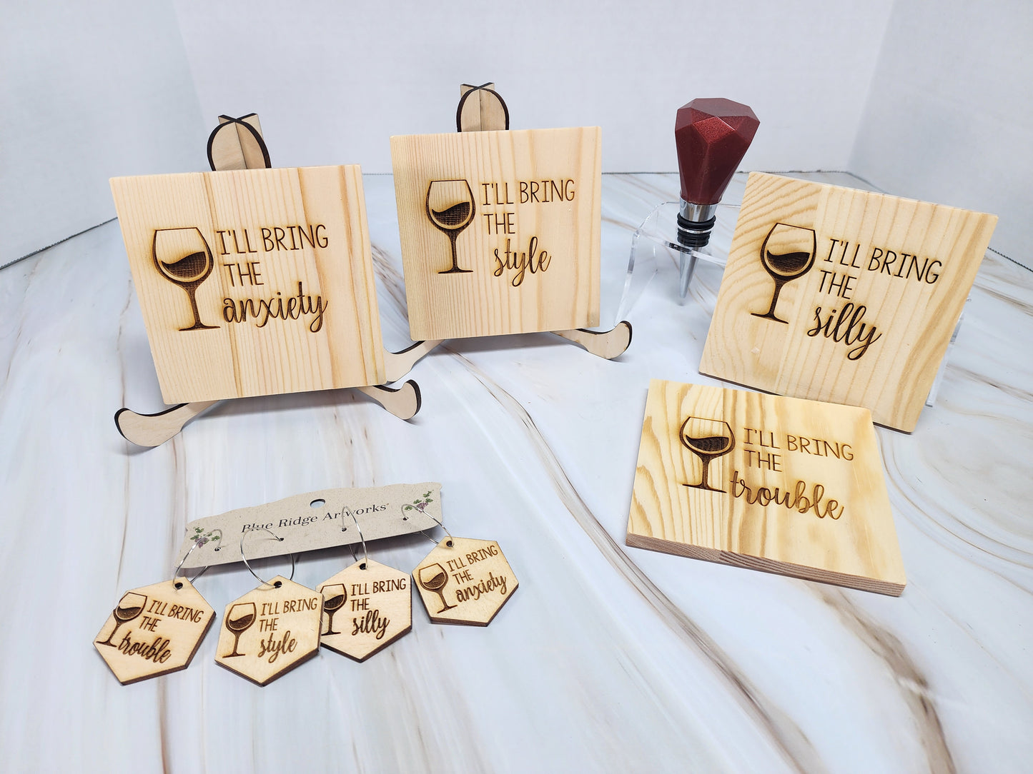 Entertaining coasters, wine charms, and wine bottle topper - SET 5 (Square Coasters)