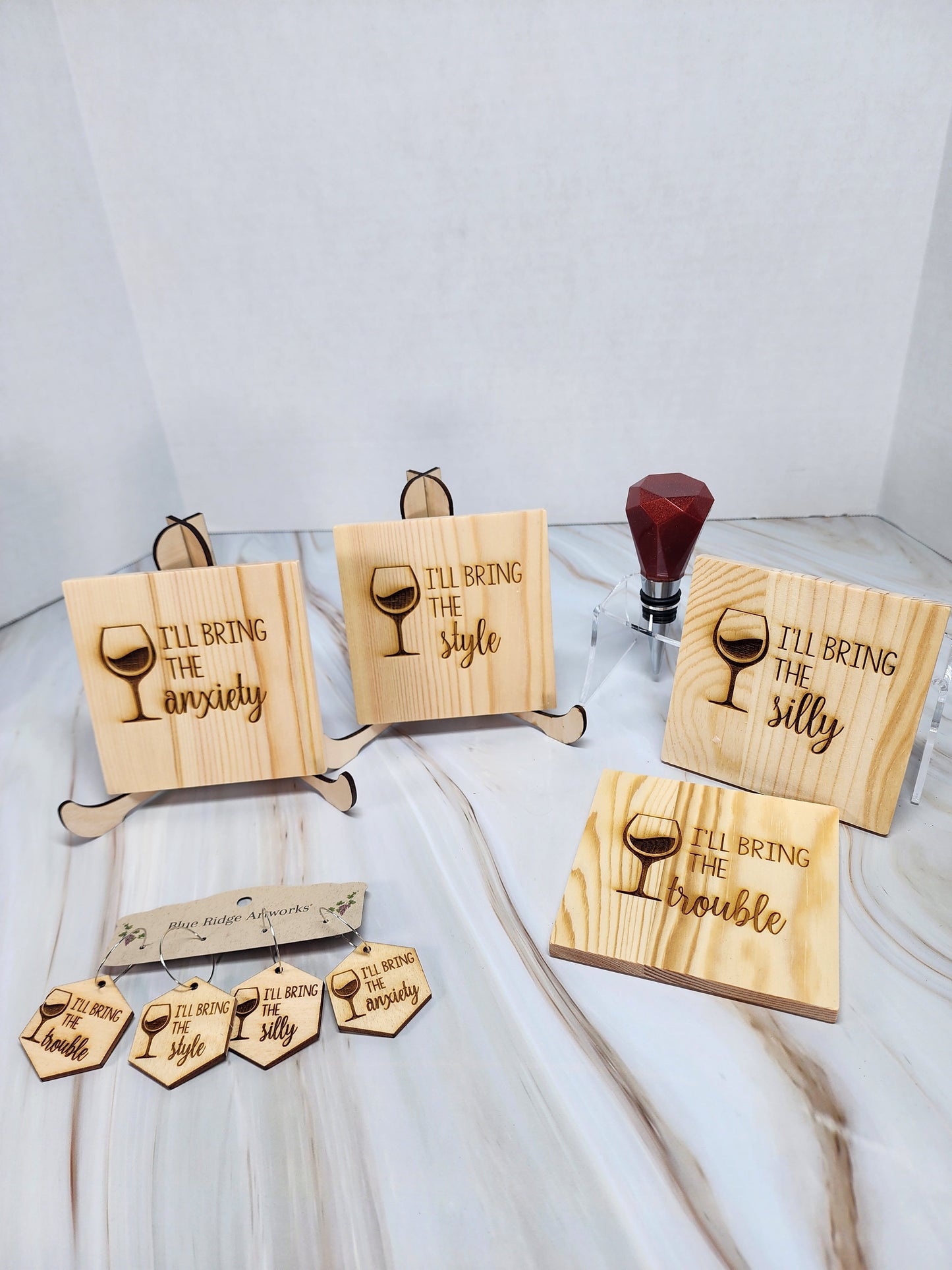 Entertaining coasters, wine charms, and wine bottle topper - SET 5 (Square Coasters)