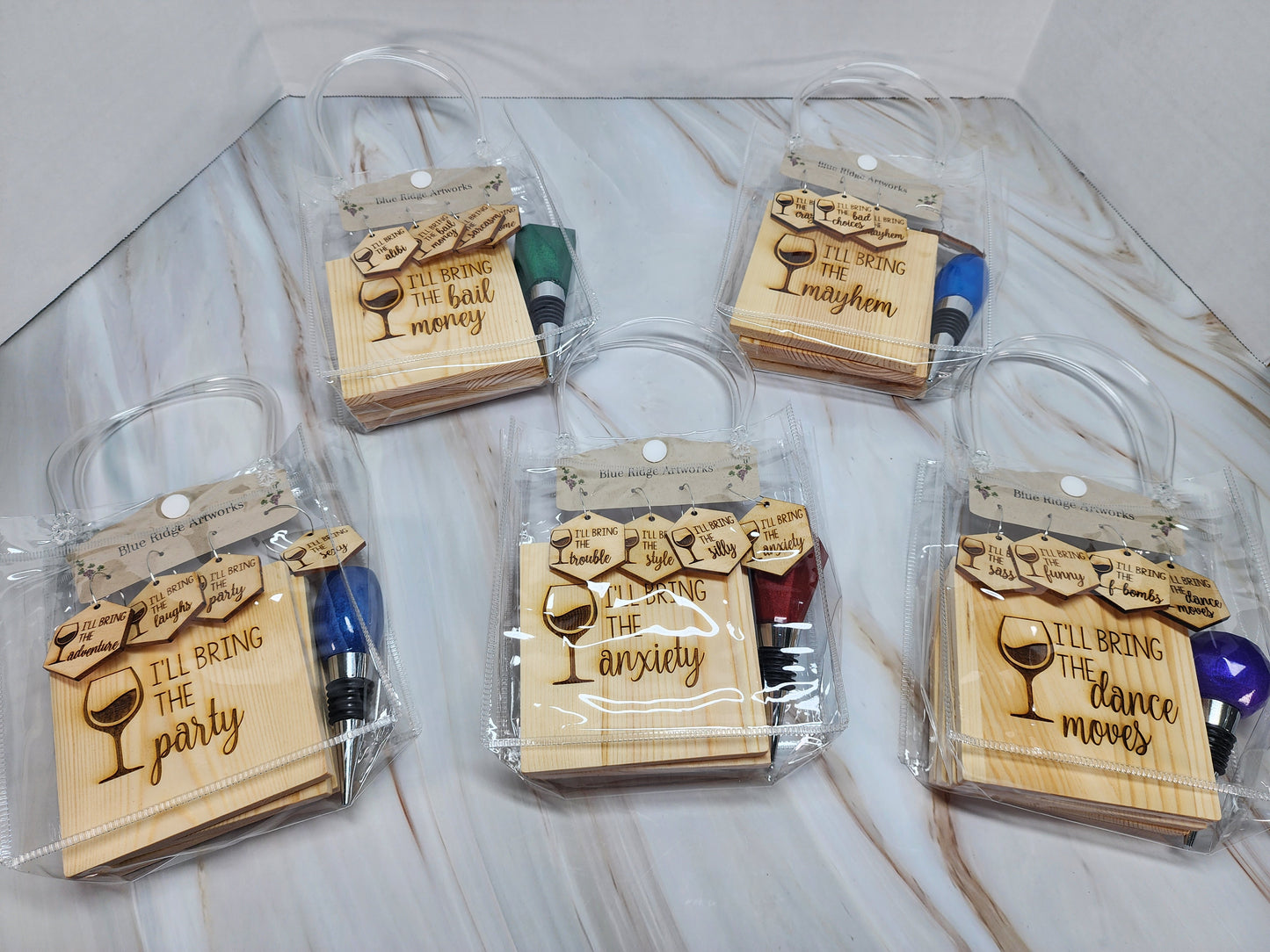 Entertaining coasters, wine charms, and wine bottle topper - SET 5 (Square Coasters)