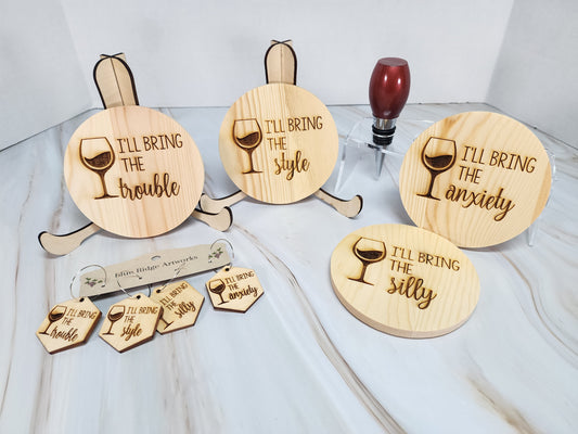 Entertaining coasters, wine charms, and wine bottle topper - SET 5 (Circle Coasters)