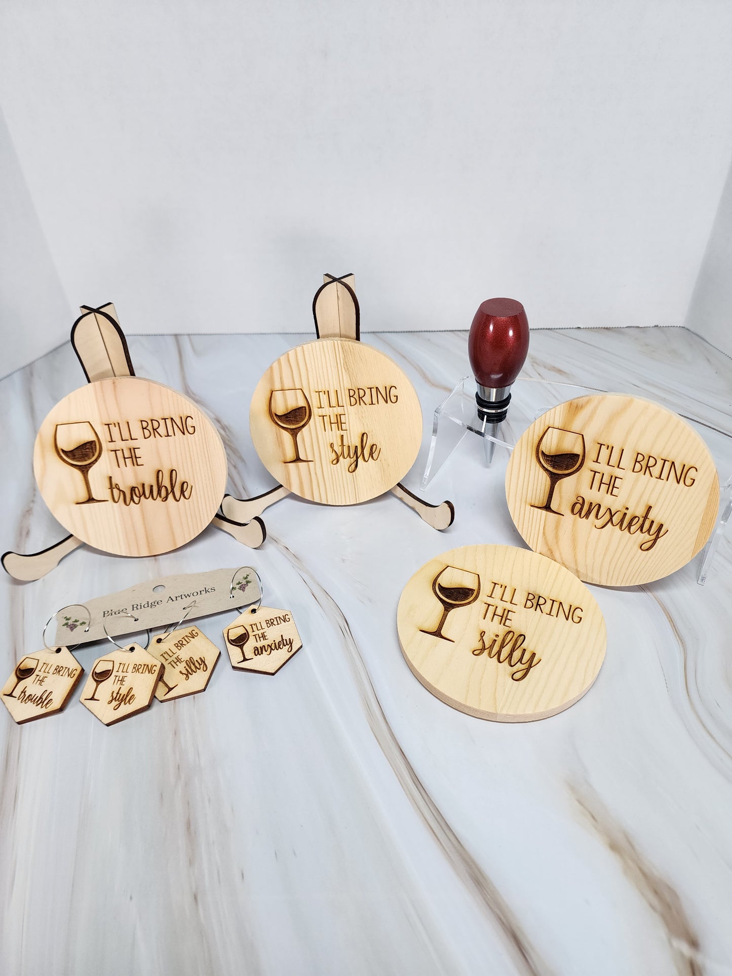 Entertaining coasters, wine charms, and wine bottle topper - SET 5 (Circle Coasters)