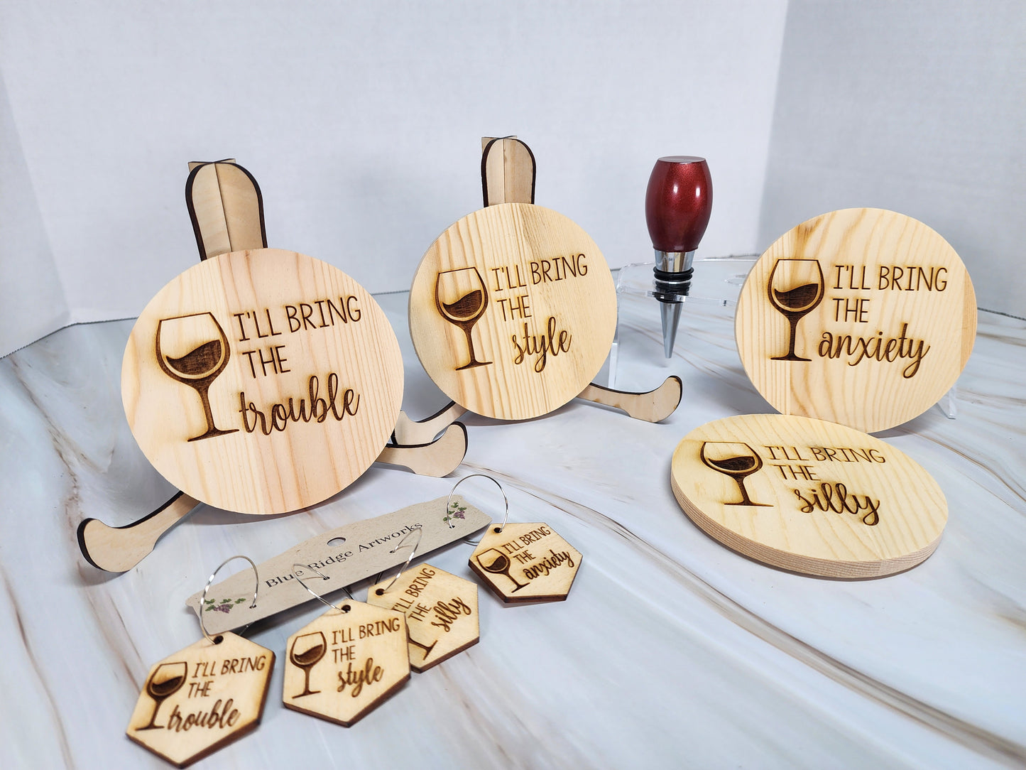 Entertaining coasters, wine charms, and wine bottle topper - SET 5 (Circle Coasters)