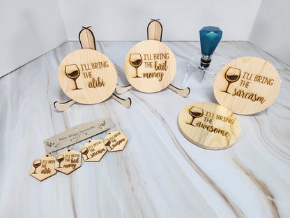 Entertaining coasters, wine charms, and wine bottle topper - SET 1 (Circle Coasters)