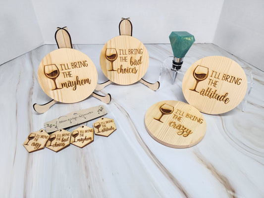 Entertaining coasters, wine charms, and wine bottle topper - SET 2 (Circle Coasters)