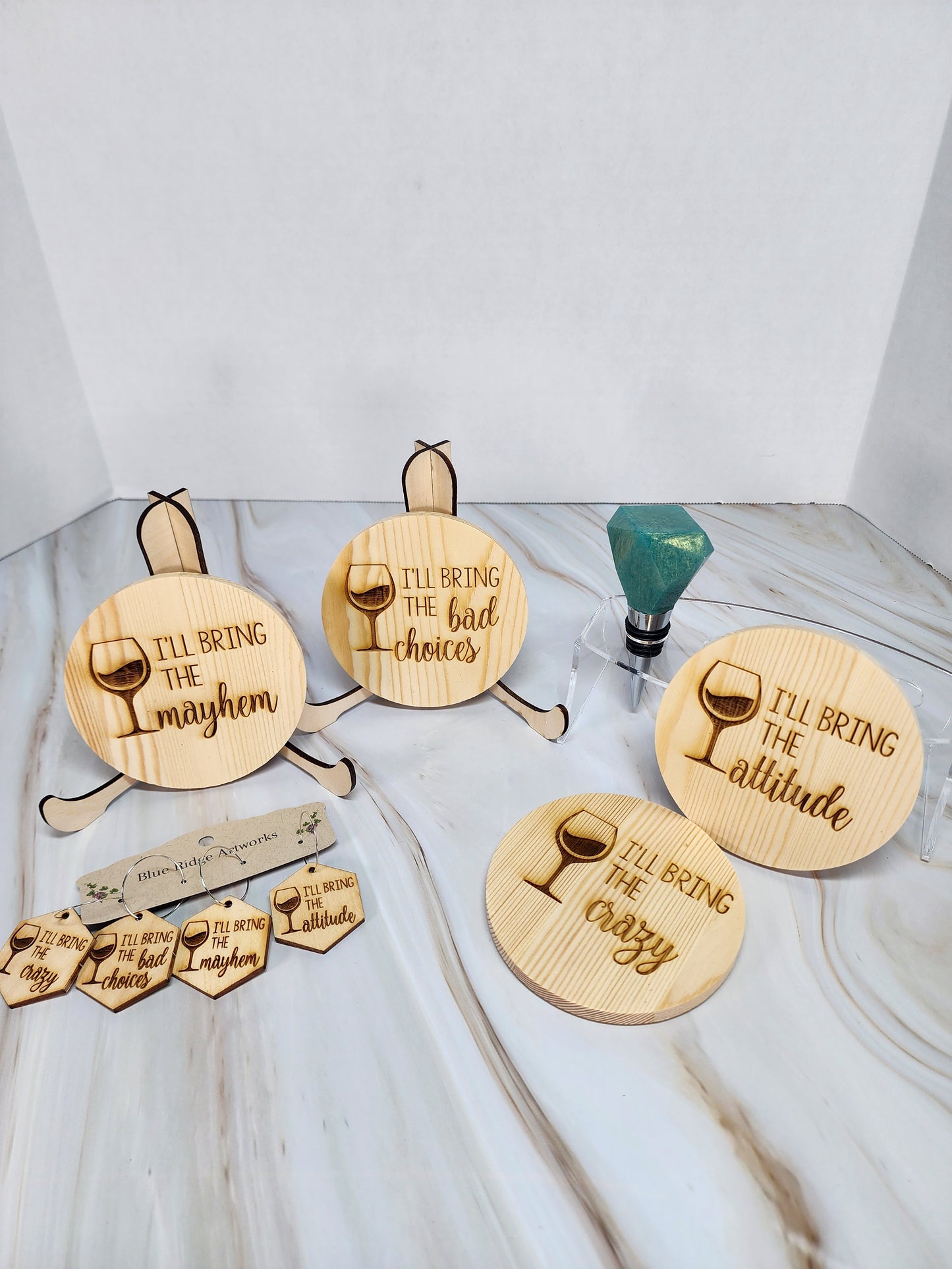 Entertaining coasters, wine charms, and wine bottle topper - SET 2 (Circle Coasters)