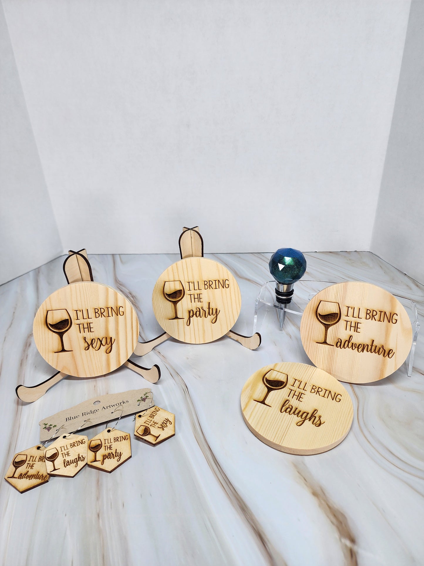 Entertaining coasters, wine charms, and wine bottle topper - SET 4 (Circle Coasters)