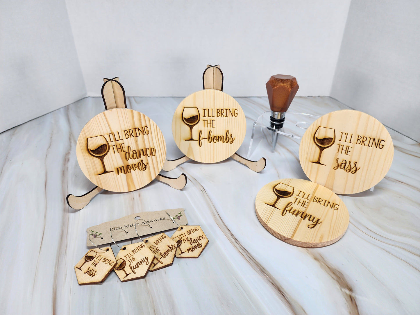 Entertaining coasters, wine charms, and wine bottle topper - SET 3 (Circle Coasters)