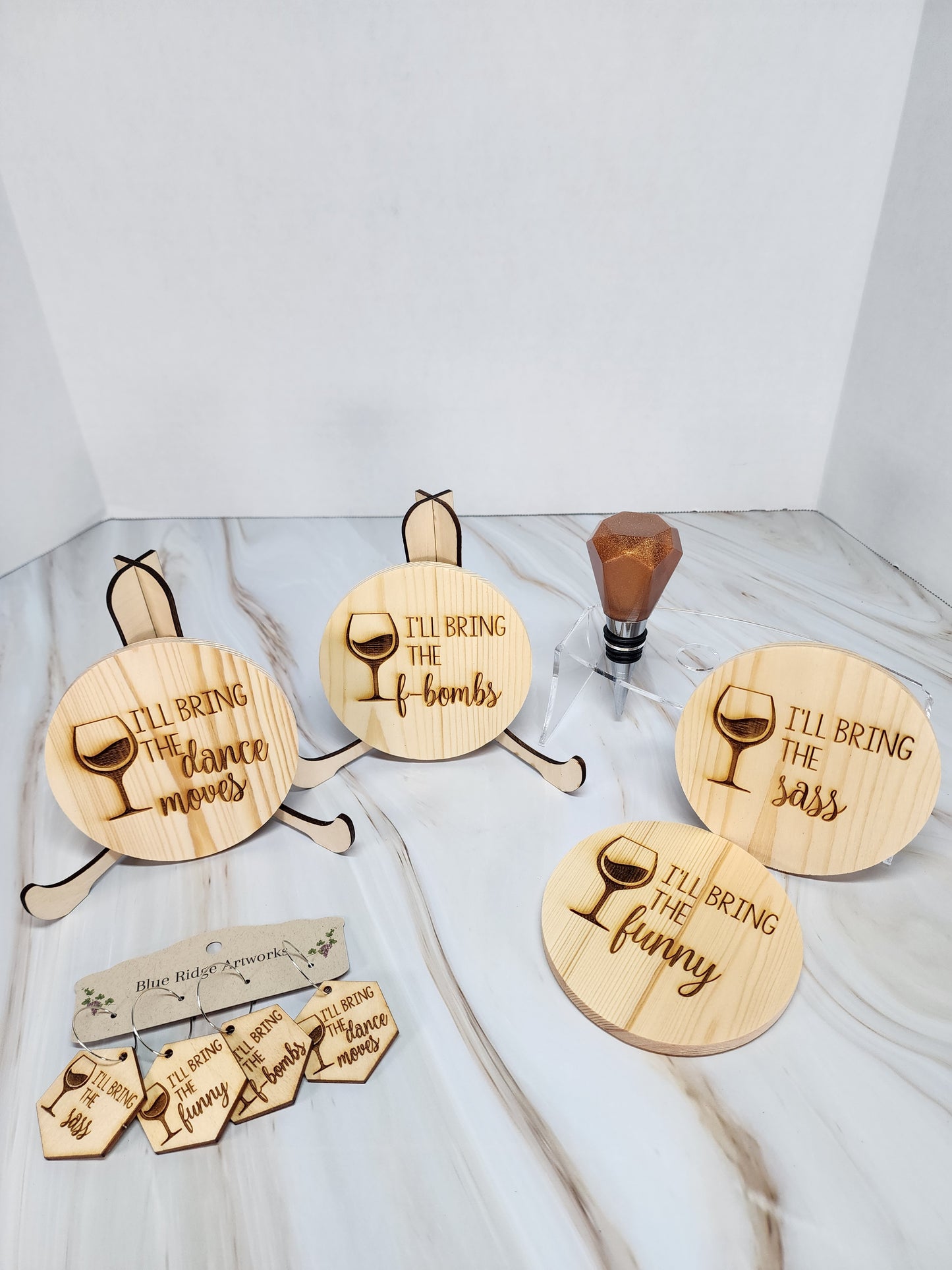 Entertaining coasters, wine charms, and wine bottle topper - SET 3 (Circle Coasters)