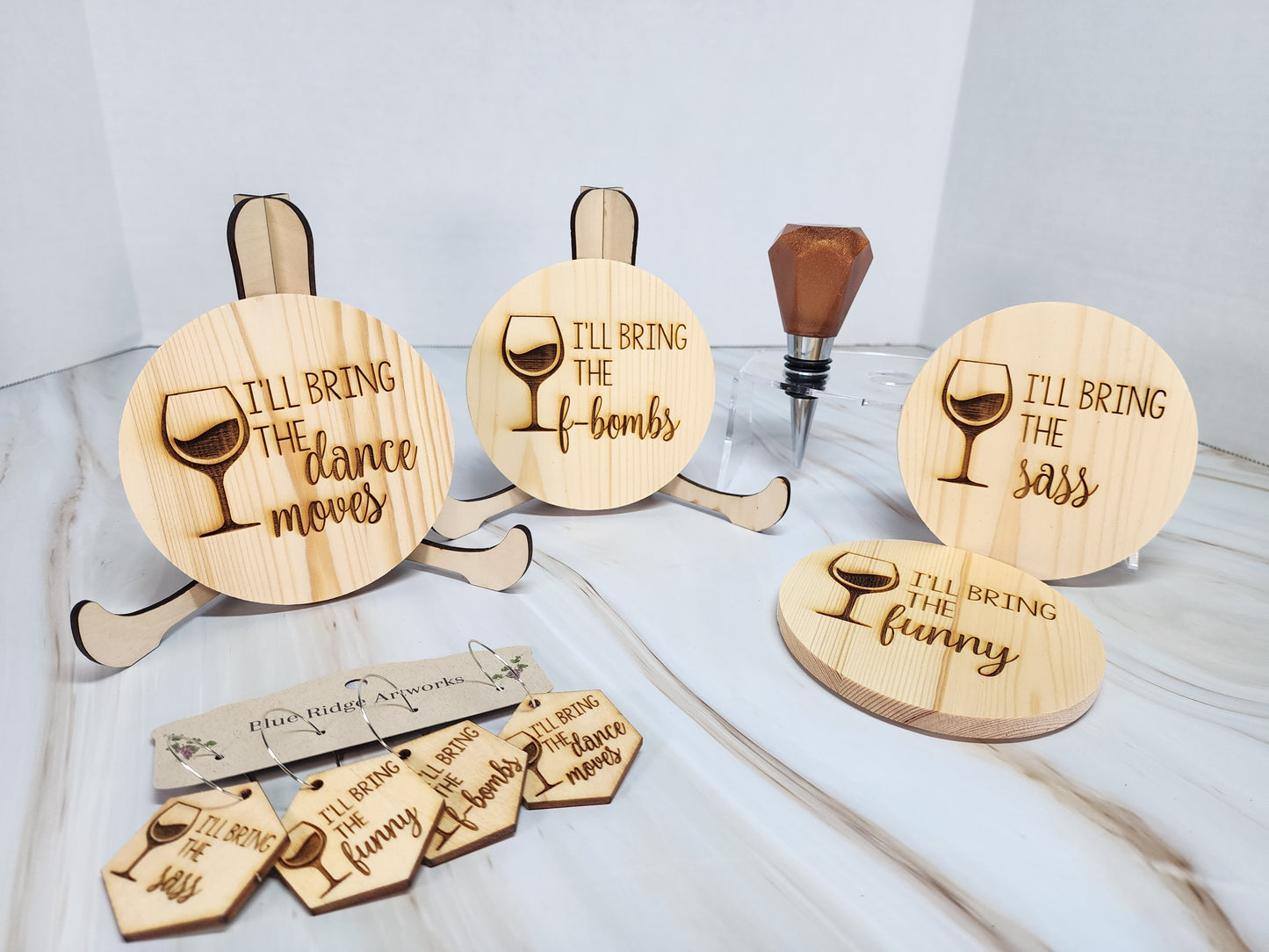 Entertaining coasters, wine charms, and wine bottle topper - SET 3 (Circle Coasters)