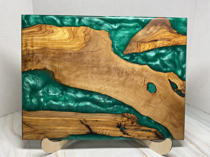 One of a Kind Charcuterie Board- Olive wood with River Turquoise Resin