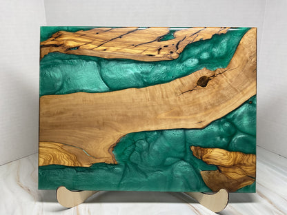 One of a Kind Charcuterie Board- Olive wood with River Turquoise Resin