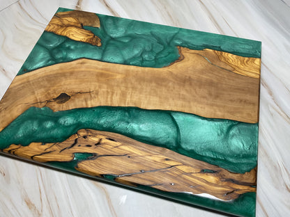 One of a Kind Charcuterie Board- Olive wood with River Turquoise Resin