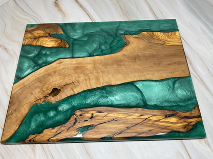 One of a Kind Charcuterie Board- Olive wood with River Turquoise Resin