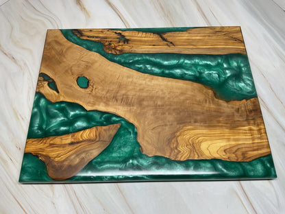 One of a Kind Charcuterie Board- Olive wood with River Turquoise Resin