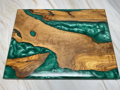 One of a Kind Charcuterie Board- Olive wood with River Turquoise Resin