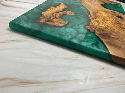 Eye Catching Charcuterie Board- Olive wood with Okinawa Green Resin