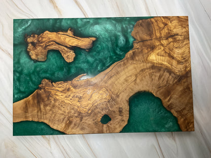 Eye Catching Charcuterie Board- Olive wood with Okinawa Green Resin