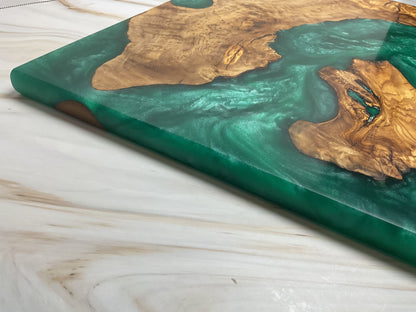 Eye Catching Charcuterie Board- Olive wood with Okinawa Green Resin