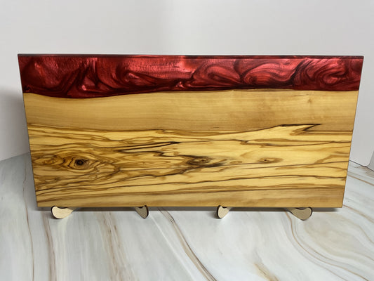 Stunning Charcuterie Board- Olive Wood with Candy Apple Red and Americana Red Resin