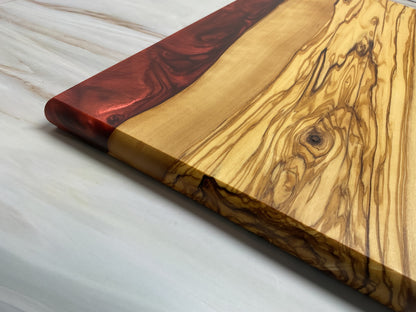 Stunning Charcuterie Board- Olive Wood with Candy Apple Red and Americana Red Resin