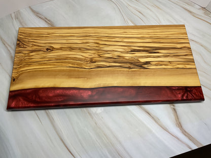 Stunning Charcuterie Board- Olive Wood with Candy Apple Red and Americana Red Resin