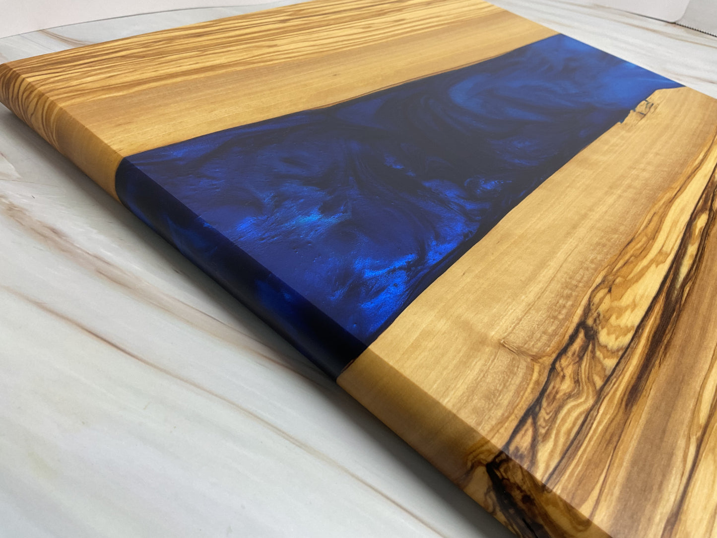 One of a Kind Charcuterie Board- Olive wood with Persian Purple and Maui Blue (Brilliant Deep Blue)