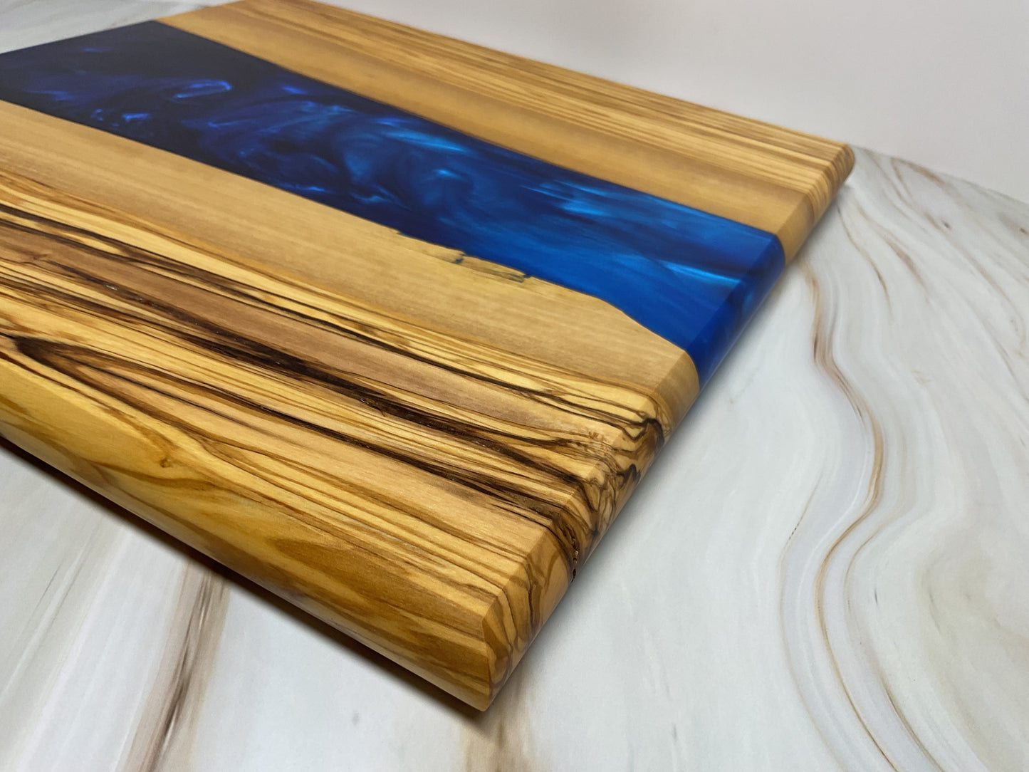 One of a Kind Charcuterie Board- Olive wood with Persian Purple and Maui Blue (Brilliant Deep Blue)