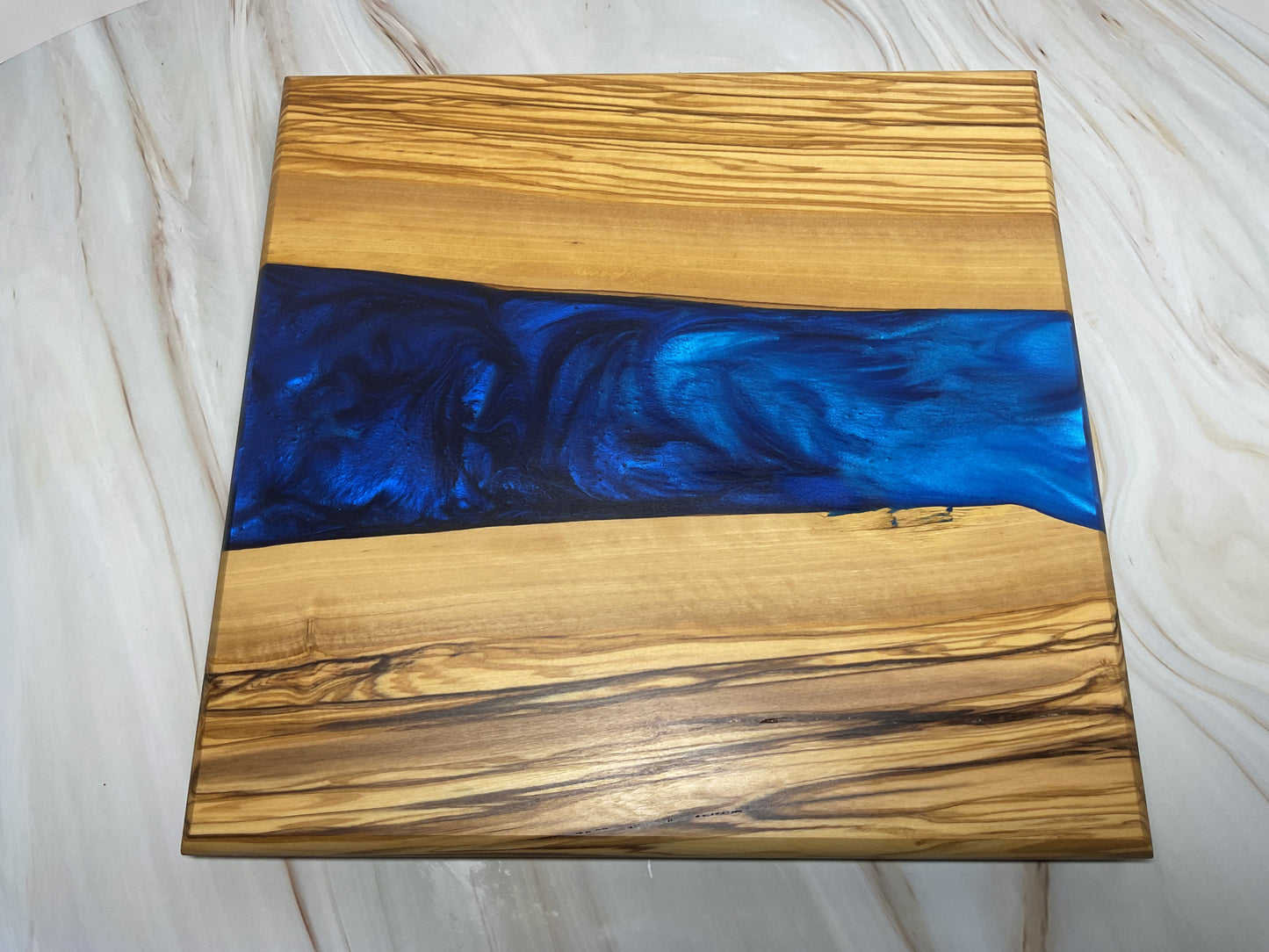 One of a Kind Charcuterie Board- Olive wood with Persian Purple and Maui Blue (Brilliant Deep Blue)