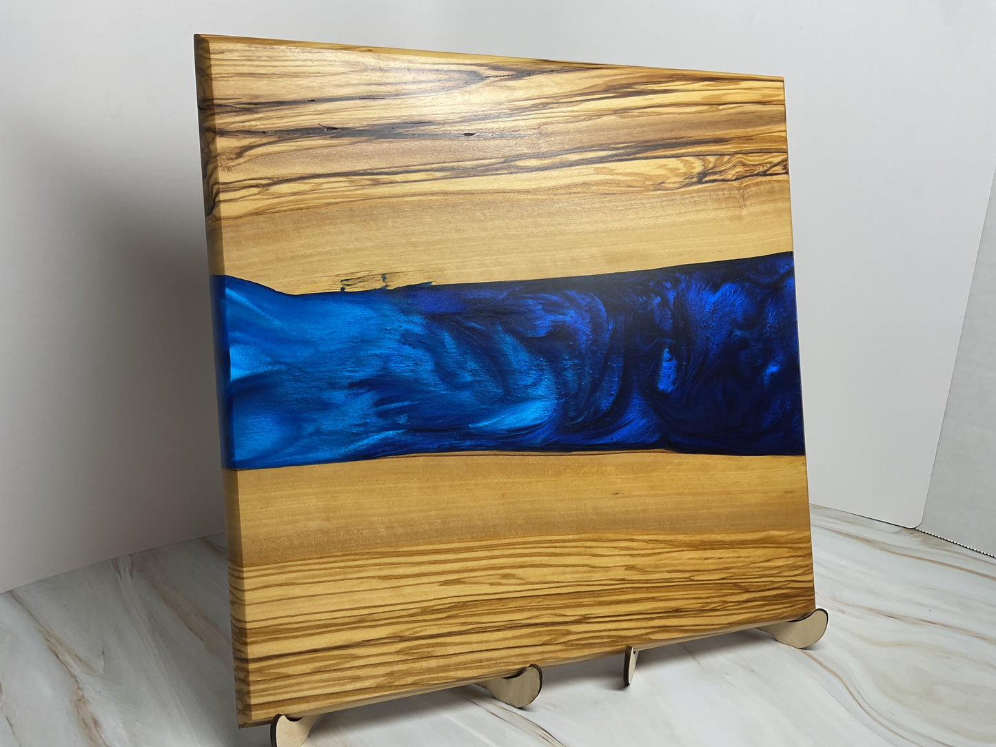 One of a Kind Charcuterie Board- Olive wood with Persian Purple and Maui Blue (Brilliant Deep Blue)