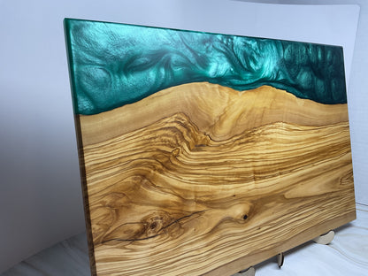 Eye Catching Charcuterie Board- Olive wood with Okinawa Green and Turquoise  Resin