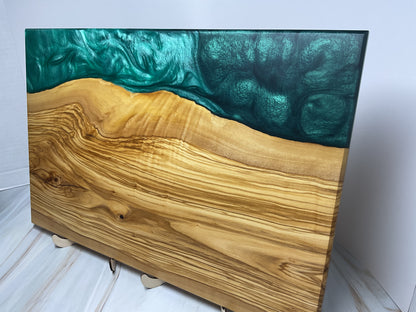 Eye Catching Charcuterie Board- Olive wood with Okinawa Green and Turquoise  Resin
