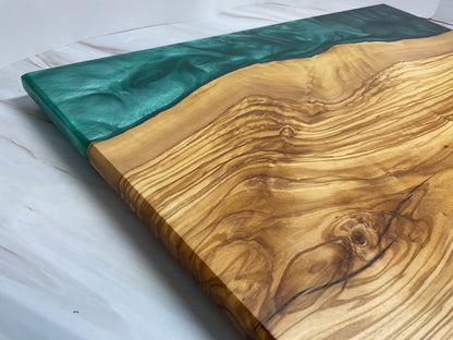 Eye Catching Charcuterie Board- Olive wood with Okinawa Green and Turquoise  Resin