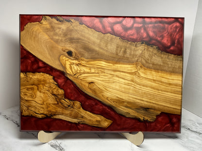 Artfully Crafted Resin Charcuterie Board – One-of-a-Kind Olive Wood Serving Board with Candy Red Resin