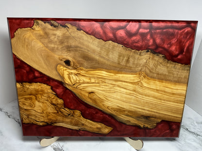 Artfully Crafted Resin Charcuterie Board – One-of-a-Kind Olive Wood Serving Board with Candy Red Resin