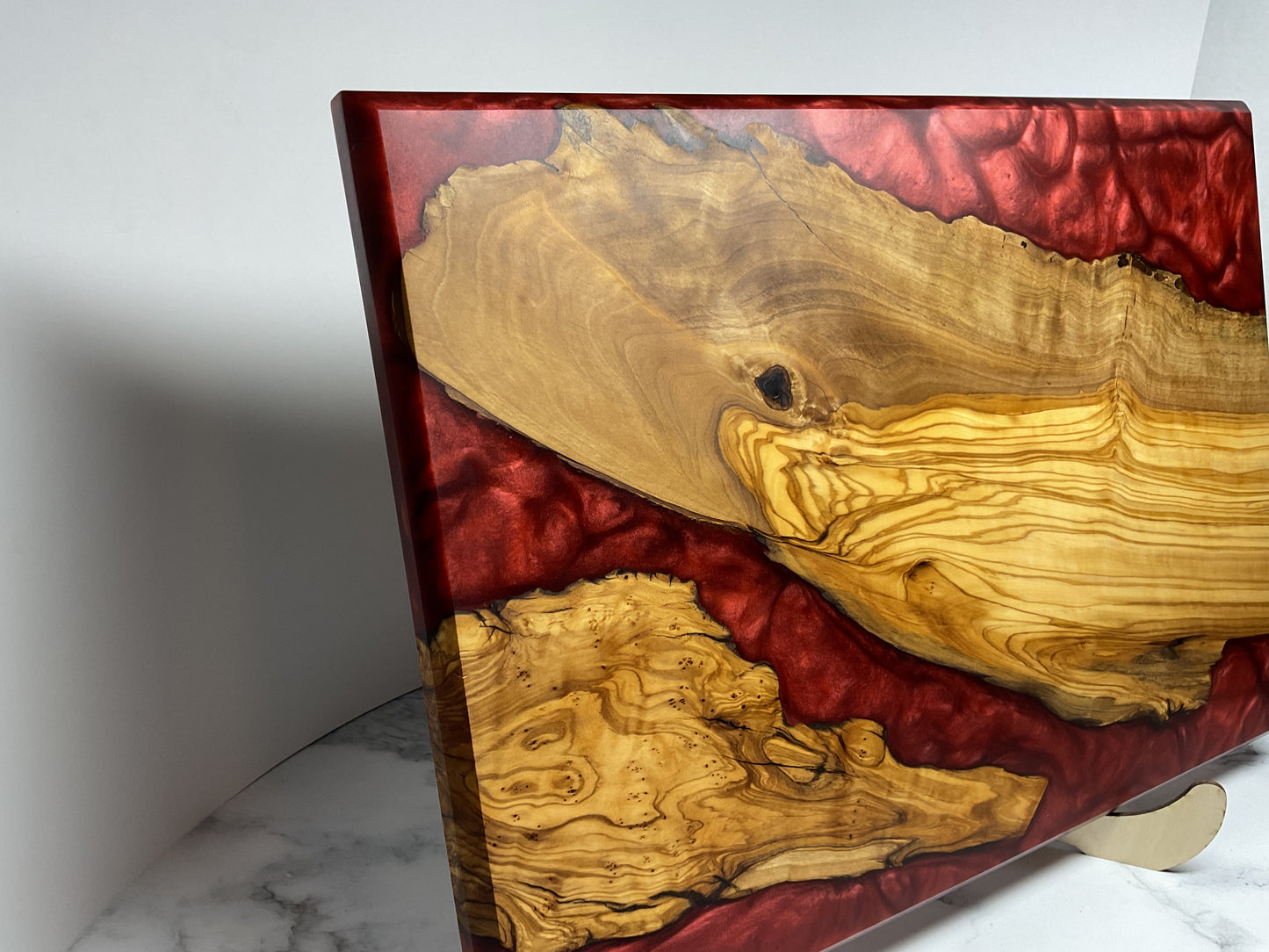 Artfully Crafted Resin Charcuterie Board – One-of-a-Kind Olive Wood Serving Board with Candy Red Resin
