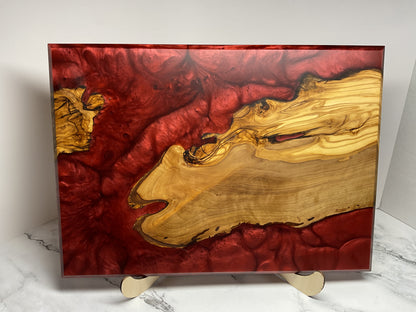 Artfully Crafted Resin Charcuterie Board – One-of-a-Kind Olive Wood Serving Board with Candy Red Resin