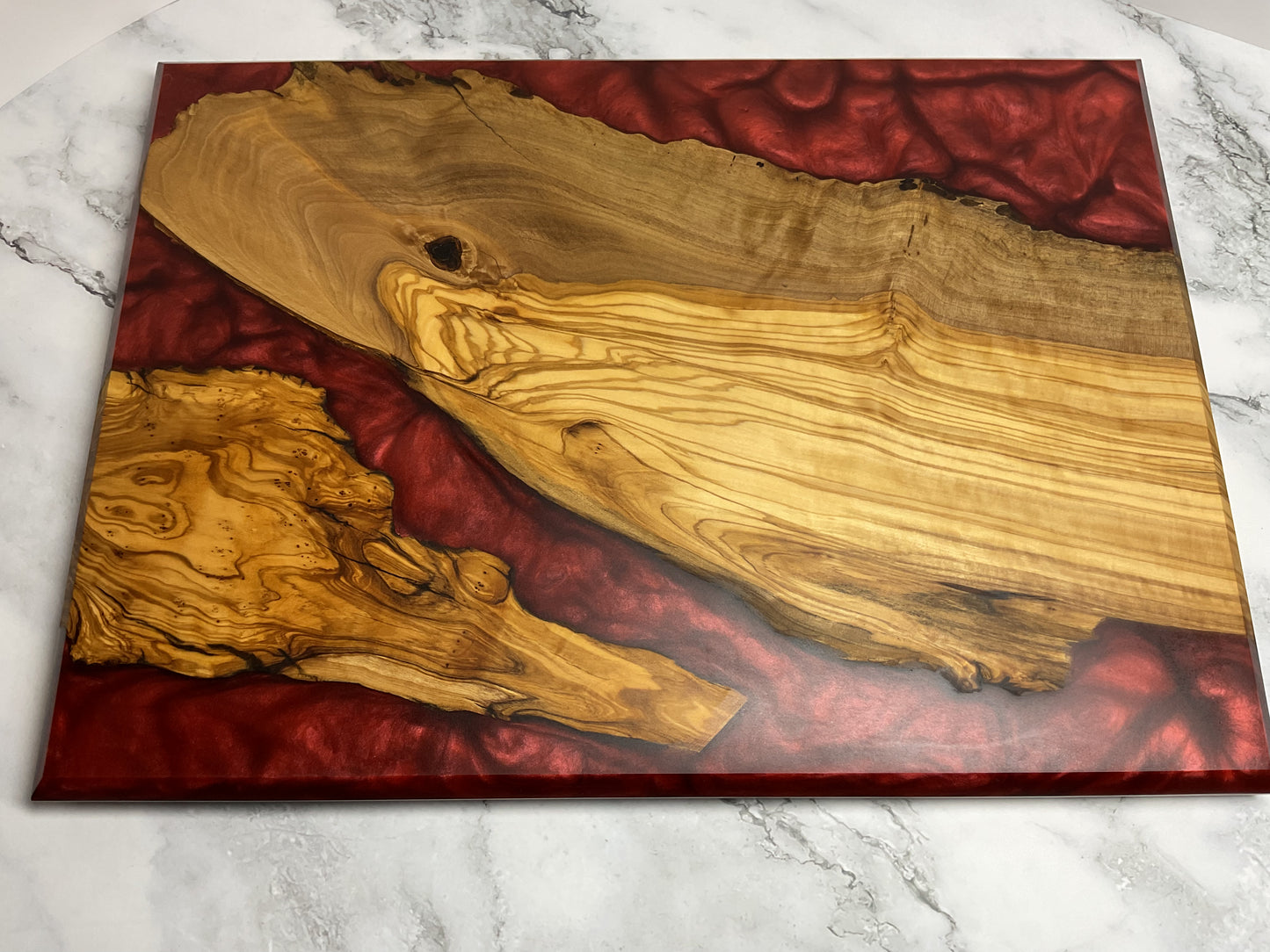 Artfully Crafted Resin Charcuterie Board – One-of-a-Kind Olive Wood Serving Board with Candy Red Resin