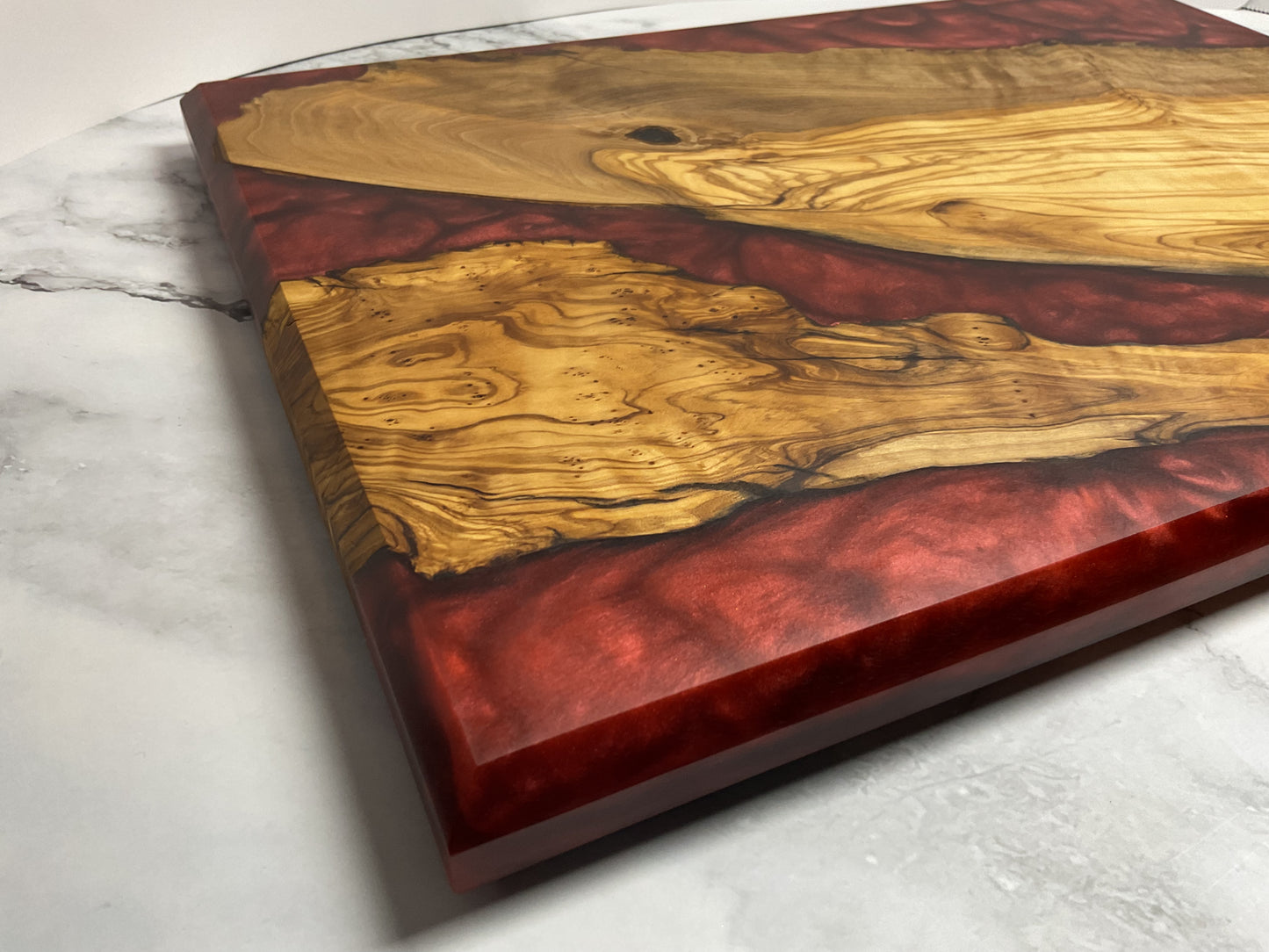 Artfully Crafted Resin Charcuterie Board – One-of-a-Kind Olive Wood Serving Board with Candy Red Resin
